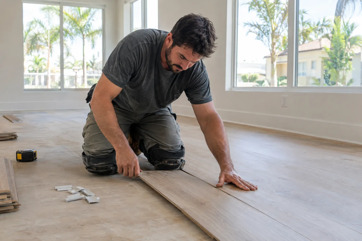 Flooring contractor at work on a job site